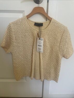 NEW Zara Sequin Knit Short Sleeve Top - Gold